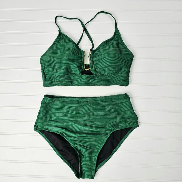 Women's Green Textured Cut Out Front High Waisted Bikini Set Size M NWOT - Picture 2 of 12
